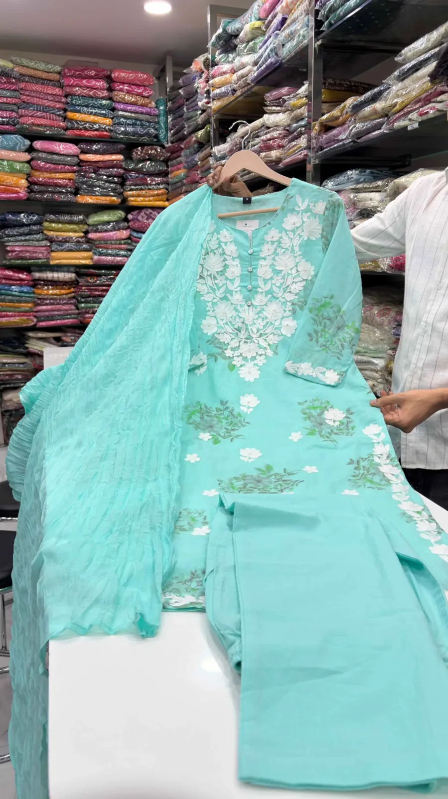 Mint Aqua Floral Embroidered 3-piece suit set