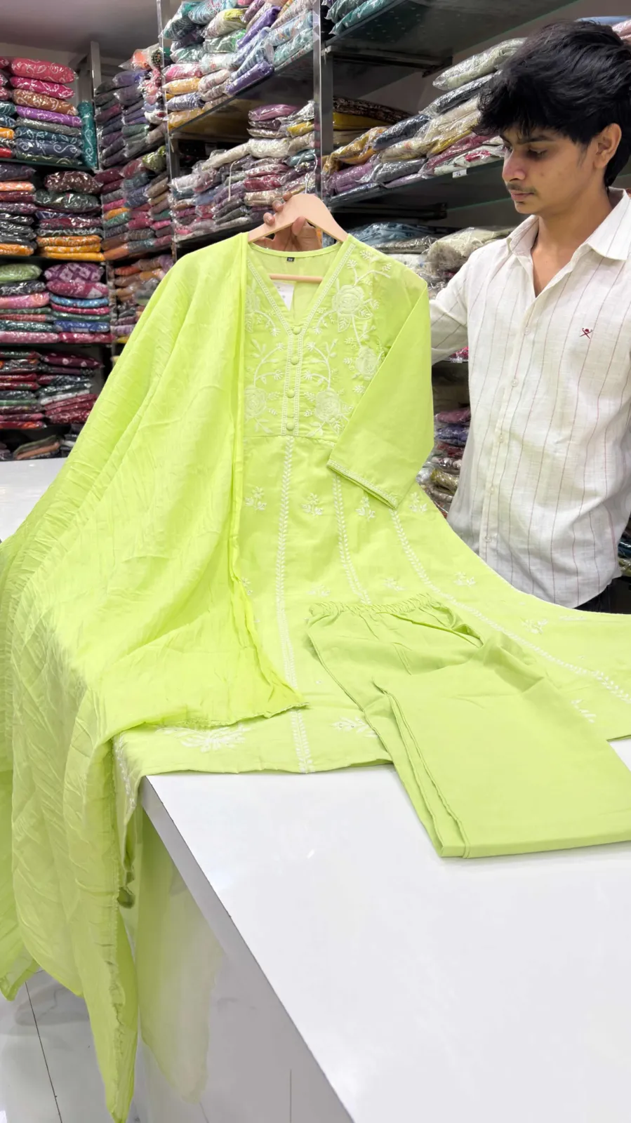 Lime Green Embroidered Anarkali 3-Piece Suit Set